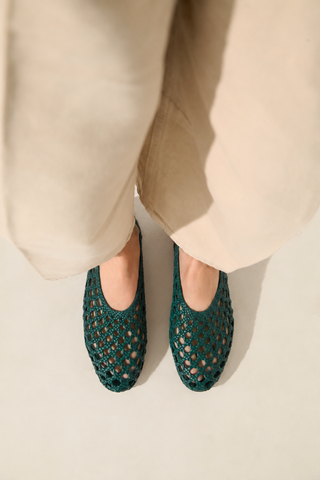 Ava Ballet Flats in Jade Green Woven Leather