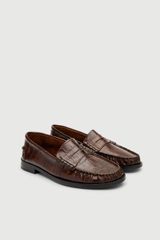 Zoe Loafers in Croc-effect Chocolate Leather