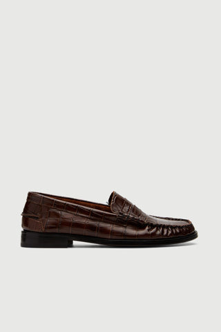 Zoe Loafers in Croc-effect Chocolate Leather